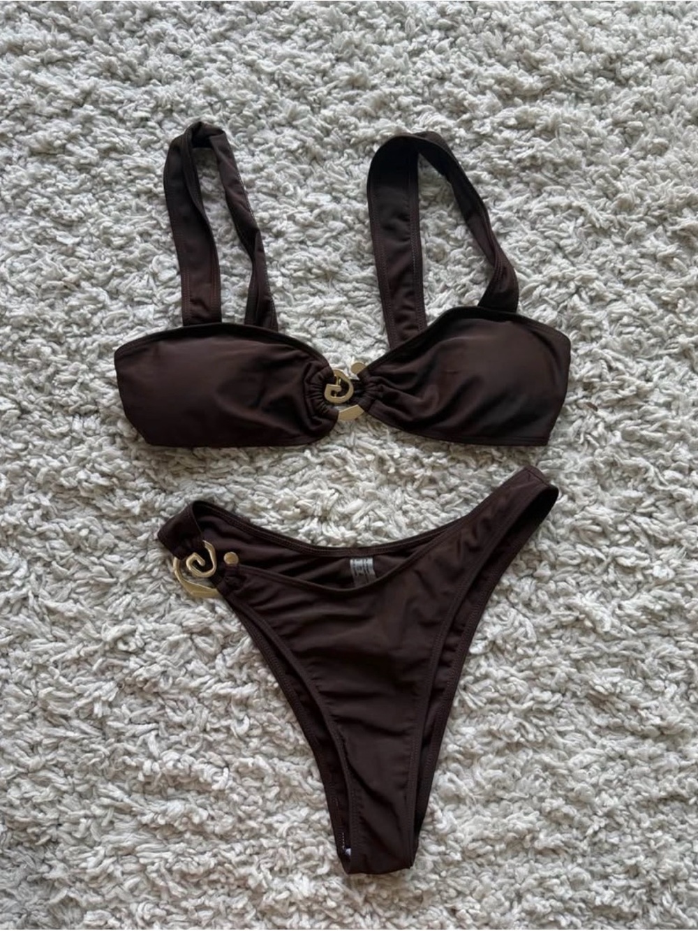 Brown Bikini Set with Gold Hardware ring accents